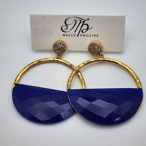 NWT Molly Phillips Bardot Gold Tone & Blue Dangling Half Hoop Earrings